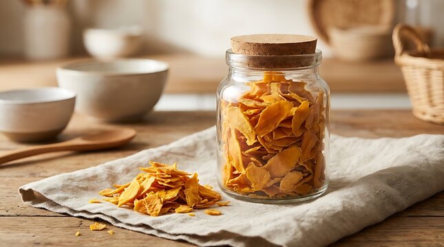 Glass jar filled with dried vegetable chips on a wooden table in a rustic kitchen setting. dried mango flakes