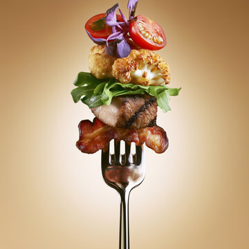 Gourmet roasted meat, bacon and vegetables arranged on a fork