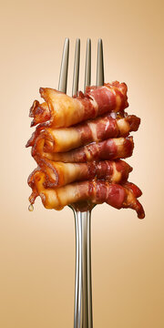 Crispy bacon wrapped appetizers stacked on a fork against beige background