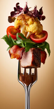 Gourmet roasted meat, bacon and vegetables arranged on a fork