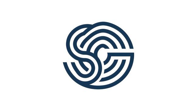 Modern abstract SC monogram symbol created with layered curved lines forming a circular geometric composition. Dark blue minimalist design isolated on white, perfect for professional branding and visu