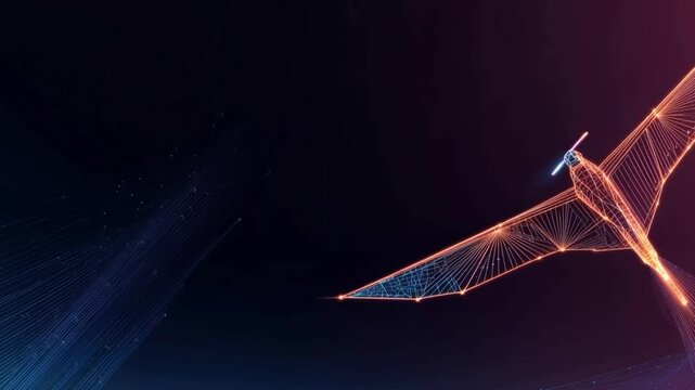 An abstract representation of a digital airplane constructed from glowing geometric lines and dots, soaring through a dark. ..Created with Generative AI, not depicting real subjects.
