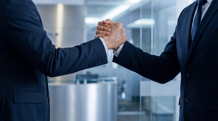 Professional business partners engaging in a powerful, firm handshake in a modern office, signifying strong agreement. © Irene
