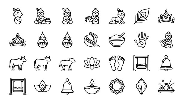 Baby Krishna Janmashtami Outline Icons Vector Collection with Butter Pot Cow and Flute Symbols