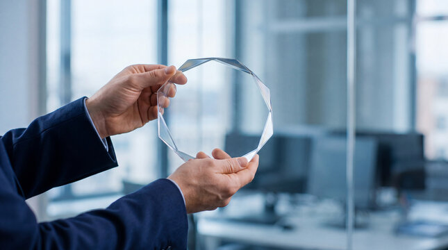 Professional hands in a suit holding a transparent octagonal crystal shape in a modern office.