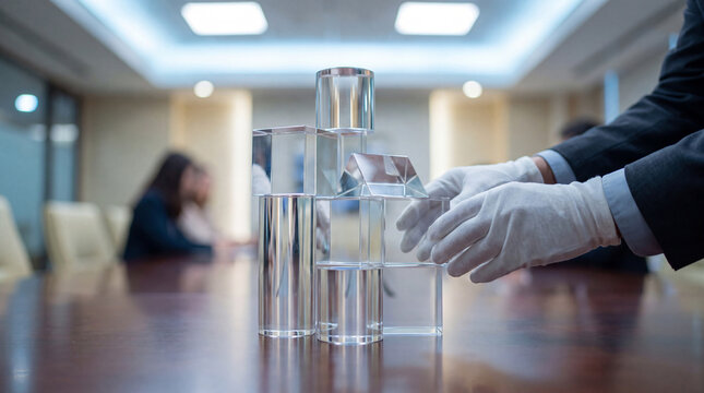 Hands in white gloves carefully arranging clear glass building blocks on a wooden conference table in a modern meeting.
