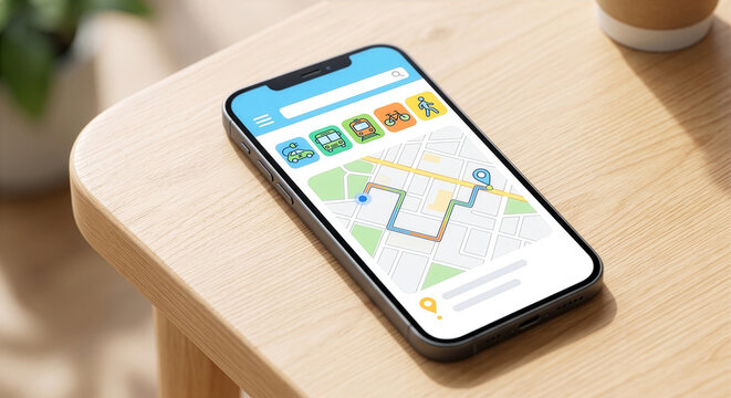 木目のテーブルに置かれたスマートフォンに表示されたMaaSアプリの地図とルート検索画面。自動車、バス、電車、自転車を組み合わせたマルチモーダル交通とスマートモビリティのビジネスコンセプト