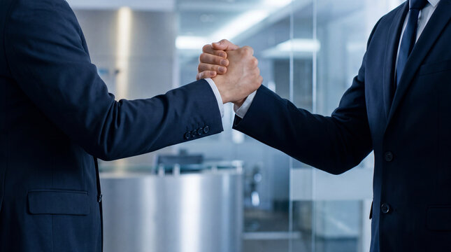 Professional business partners engaging in a powerful, firm handshake in a modern office, signifying strong agreement.