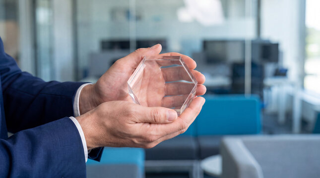 Professional male hands carefully hold a transparent hexagonal crystal shape.