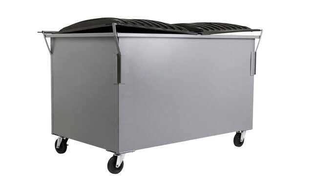 Gray metal dumpster with black lid and wheels