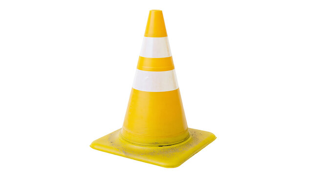 Yellow and white traffic cone with reflective stripes