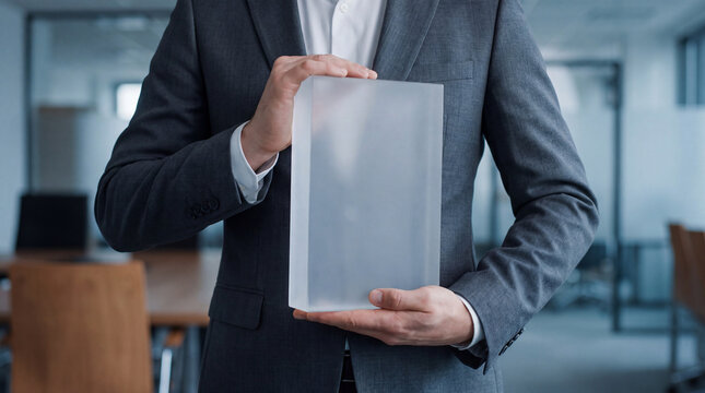 Business professional in formal suit holding an abstract frosted glass block in a modern office environment.