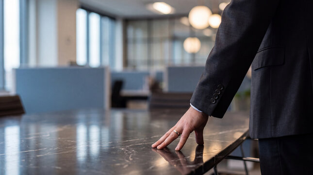 Professional businessman's hand resting confidently on a dark marble conference table in a modern office.