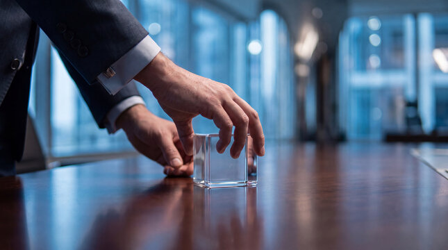 Business professional's hands carefully adjusting a transparent crystal cube on a dark wooden conference table.