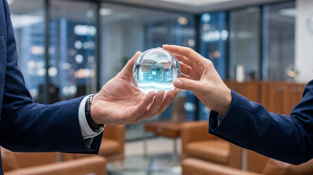 Business people's hands exchanging a luminous crystal sphere, symbolizing future vision, forecasting, and collaboration.