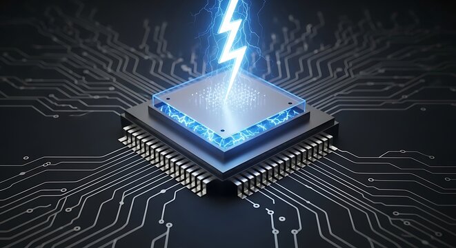 Glowing blue lightning bolt striking a complex modern computer processor chip