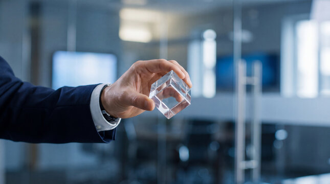 Businessman's hand holding a clear glass cube with intricate facets.