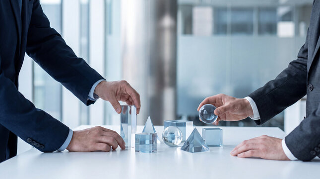 Two business professionals' hands holding clear geometric shapes.
