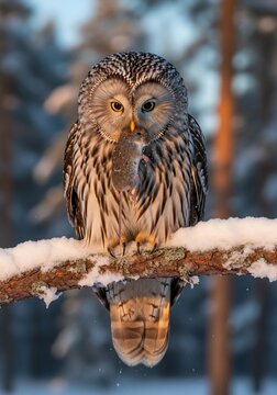 Winter's Gaze: A Frosty Perch, Prey in Beak