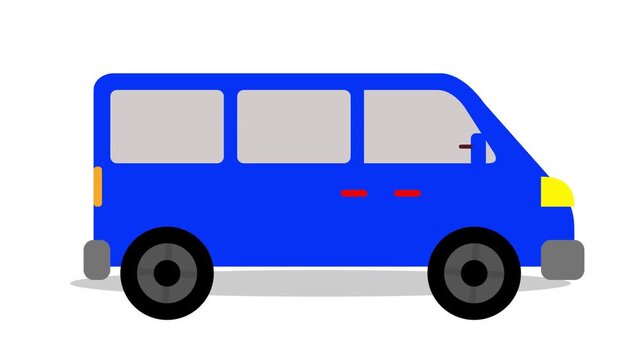 Blue delivery van animation driving on white background