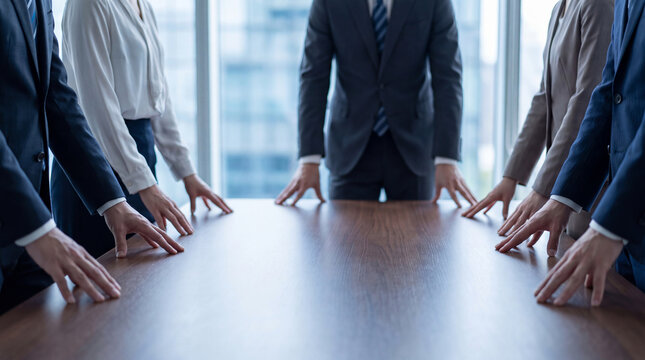 Corporate team members in suits standing around a wooden conference table, ready for a productive meeting.