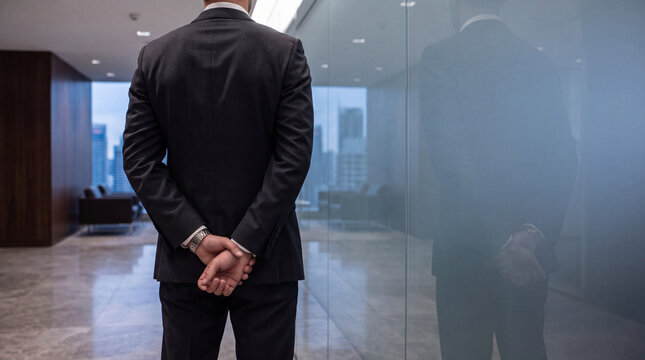Anonymous businessman in a dark suit stands with hands clasped behind back, observing a modern office interior.