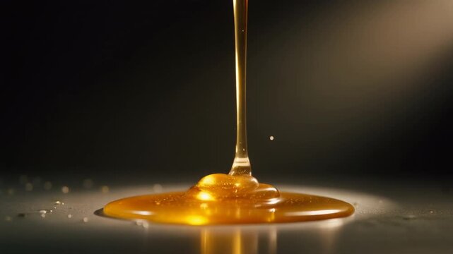 Extreme macro slow motion video capturing a thin thread of honey stretching and falling onto a surface, mesmerizing liquid motion, high detail texture, dramatic spotlight lighting