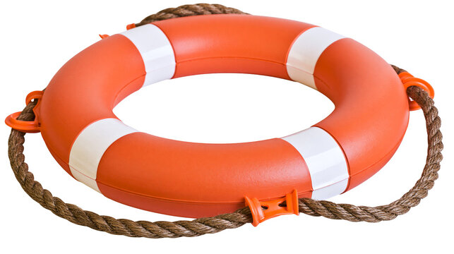 Orange life preserver ring with white stripes and rope
