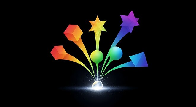 Colorful geometric shapes emerging from a glowing light source against black