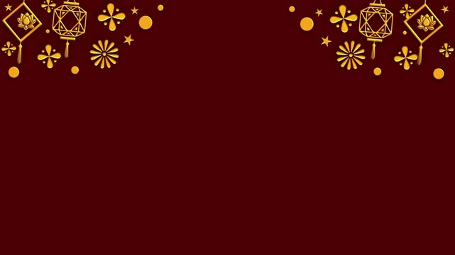 Chinese new year festive golden frame on red background featuring lotus lanterns and blooming plum flowers.