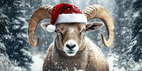Obraz premium A Majestic Portrait Of A Domestic Ram Wearing A Decorative Santa Claus Hat In The Snowy Winter