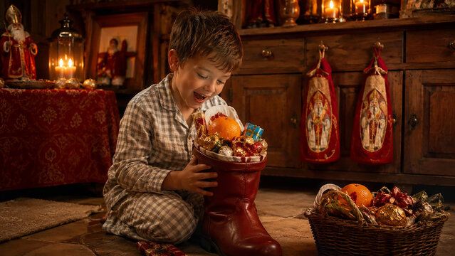 Child Putting Candy into a Boot for Saint Nicholas Day