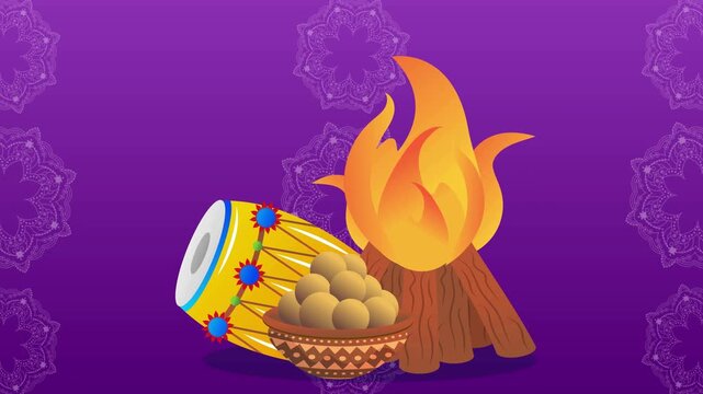 Lohri bonfire festival illustration with traditional dhol drum and sweets set on vibrant purple background.