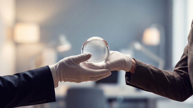 Two hands in white gloves exchange a clear crystal ball, symbolizing agreement, future strategy, and profound insights.
