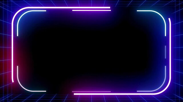 Neon glowing rectangular border frame animation with dynamic grid lines background for digital media clips.