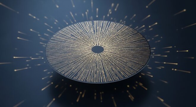 Golden circular abstract pattern with radiating lines on dark background