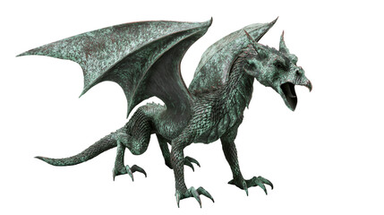 Fototapeta premium Green patina bronze dragon statue with wings spread
