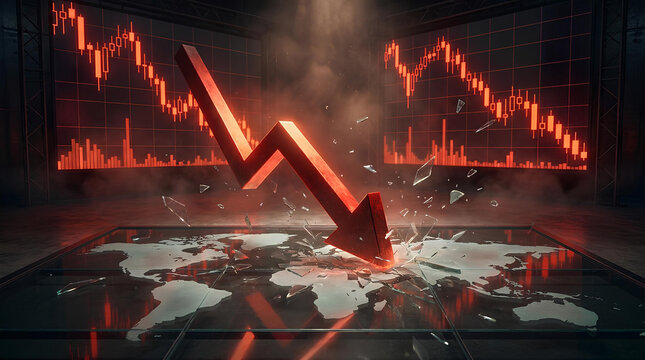 Red stock market arrow crashing through a glass map.