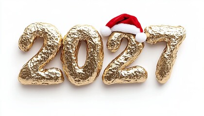 Naklejka premium Shiny Gold Textured Numbers 2027 With A Festive Red Santa Hat Against Clean White Background Decor