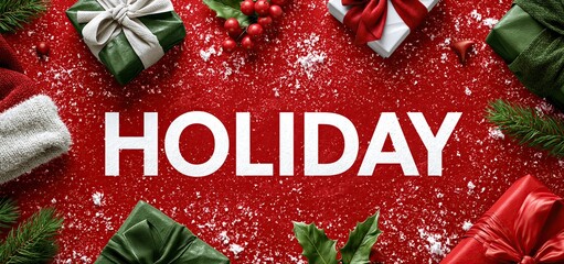 Obraz premium Festive holiday flyer with seasonal gifts on a snowy red background for winter celebrations and promotions.
