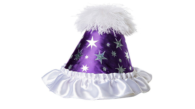 Purple party hat with white ruffles and white feathers