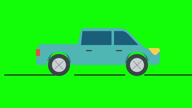 Blue pickup truck driving animation on green screen
