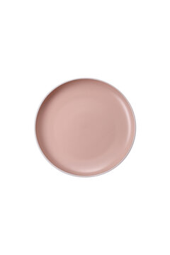 An empty round ceramic plate on a dark, textured brown background. An empty round plate