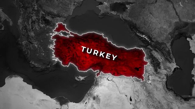 Zoom-in animation of Turkey highlighted in bright red across a dark grayscale map