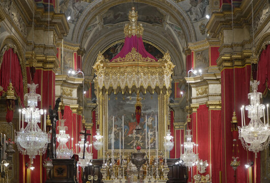 Rabat, Malta - 05 July 2026: View of the St Paul Collegiate Church interior in Rabat, Malta, with baroque altar
