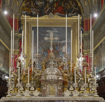 Rabat, Malta - 05 July 2026: View of the St Paul Collegiate Church interior in Rabat with baroque altar and frescoes