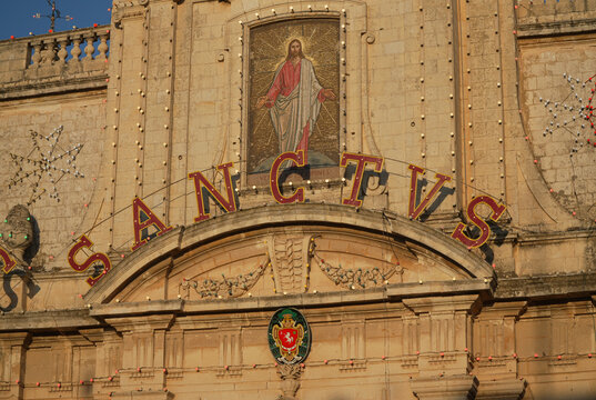 Rabat, Malta - 05 July 2026: View of Facade of St Paul Collegiate Church in Rabat, Malta with sanctvs latin text and crest