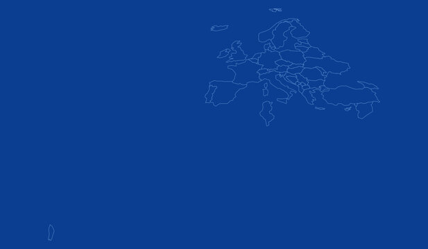 Outline map of europe with surrounding countries and islands, vector illustration of european continent borders on a solid blue background