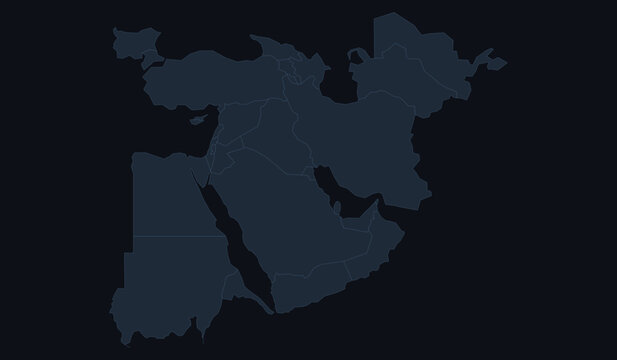 Minimalist vector map of the middle east and north africa region, showing country borders on a dark background