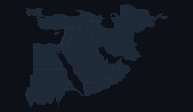 Political map of the middle east and north africa region, showing country borders on a dark background